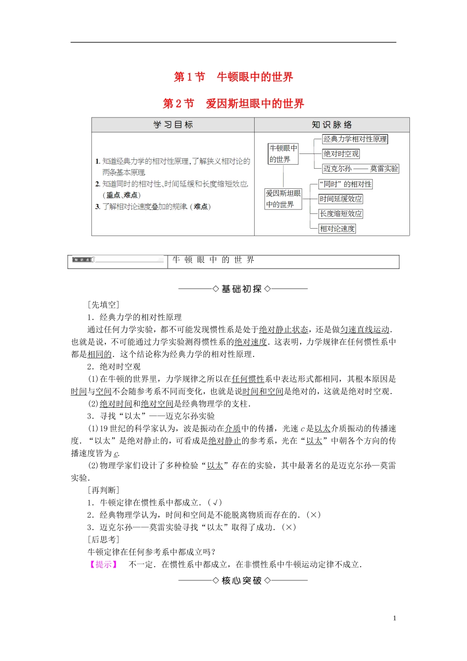 高中物理 第6章 相对论与天体物理 第1节 牛顿眼中的世界 第2节 爱因斯坦眼中的世界教师用书 鲁科版选修3-4-鲁科版高中选修3-4物理学案_第1页