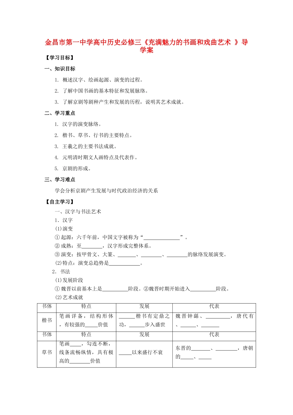 甘肃省金昌市第一中学高中历史《充满魅力的书画和戏曲艺术 》导学案 新人教版必修3_第1页