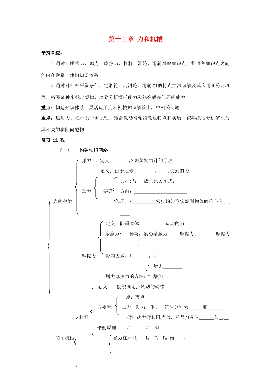 广东省梅州市培英中学九年级物理《第十三章 力和机械》学案（无答案） 人教新课标版_第1页