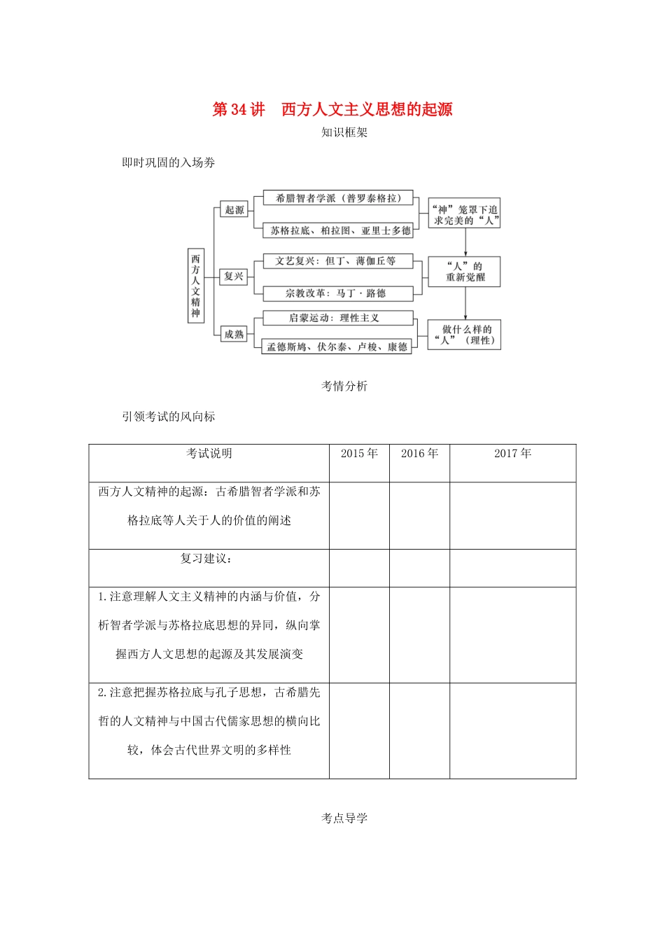 （江苏专版）高考历史总复习 第十七单元 西方人文精神的起源及其发展 第34讲 西方人文主义思想的起源学案-人教版高三全册历史学案_第1页