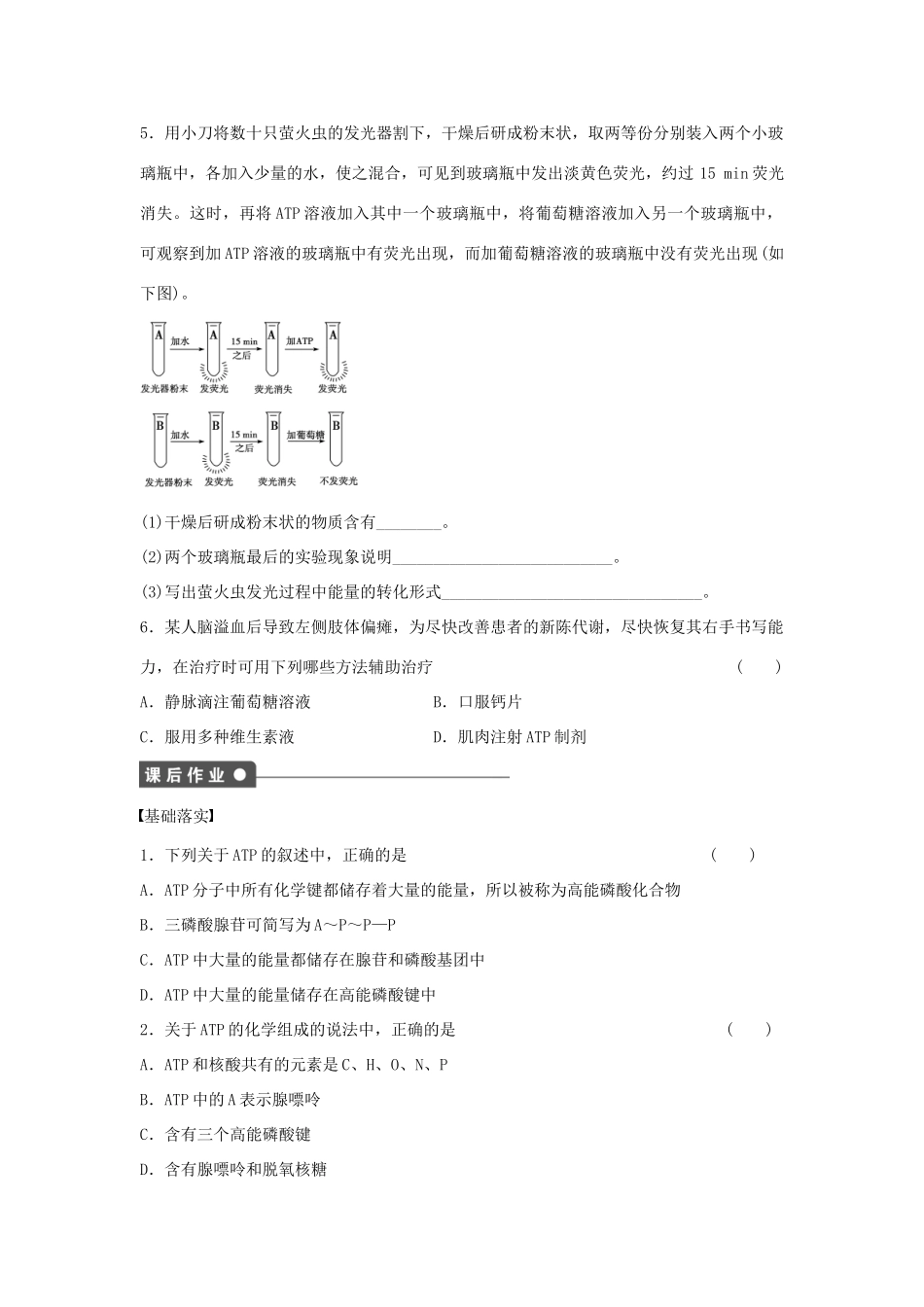 高中生物 第五章 细胞的能量供应和利用 第19课时 细胞的能量“通货”——ATP课时作业 新人教版必修1-新人教版高一必修1生物学案_第3页