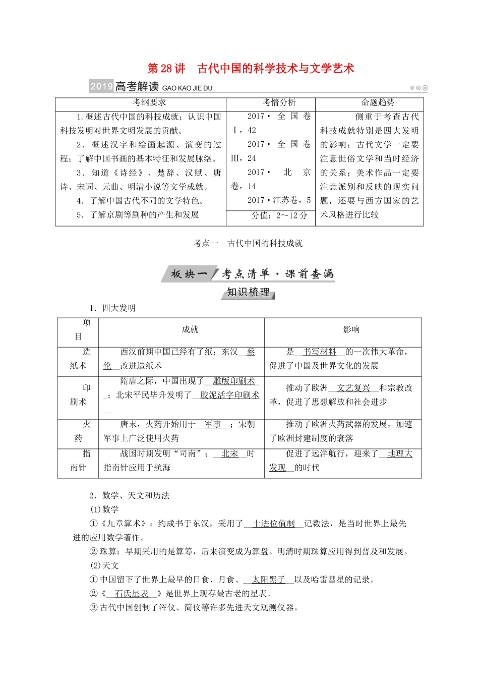 （全国通用版）高考历史大一轮复习 第十五单元 古代与现代中国的科技文化 第28讲 古代中国的科学技术与文学艺术学案-人教版高三全册历史学案_第1页
