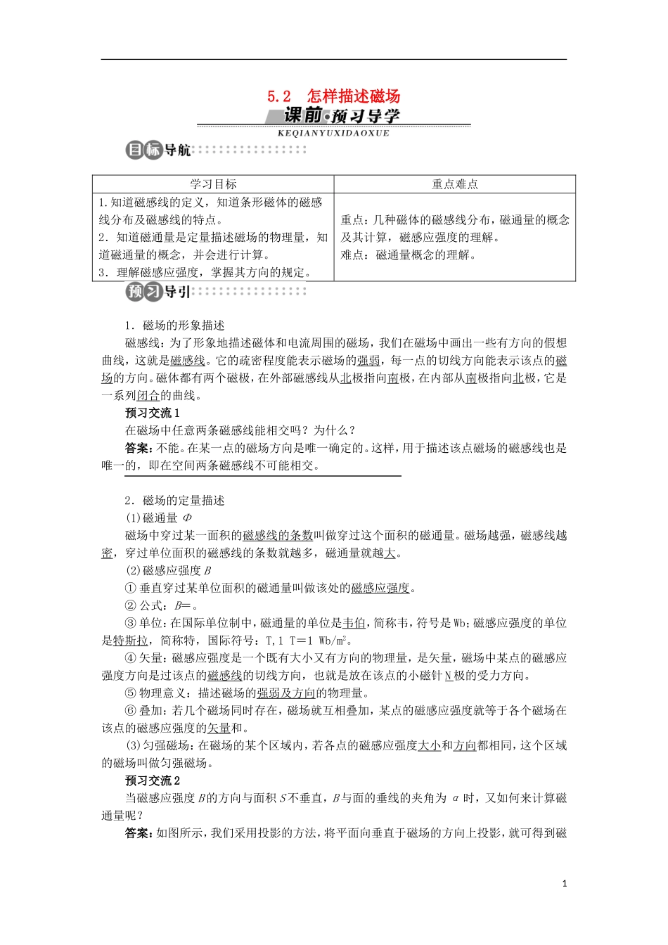 高中物理 第5章 磁场与回旋加速器 5.2 怎样描述磁场学案 沪科版选修3-1-沪科版高二选修3-1物理学案_第1页