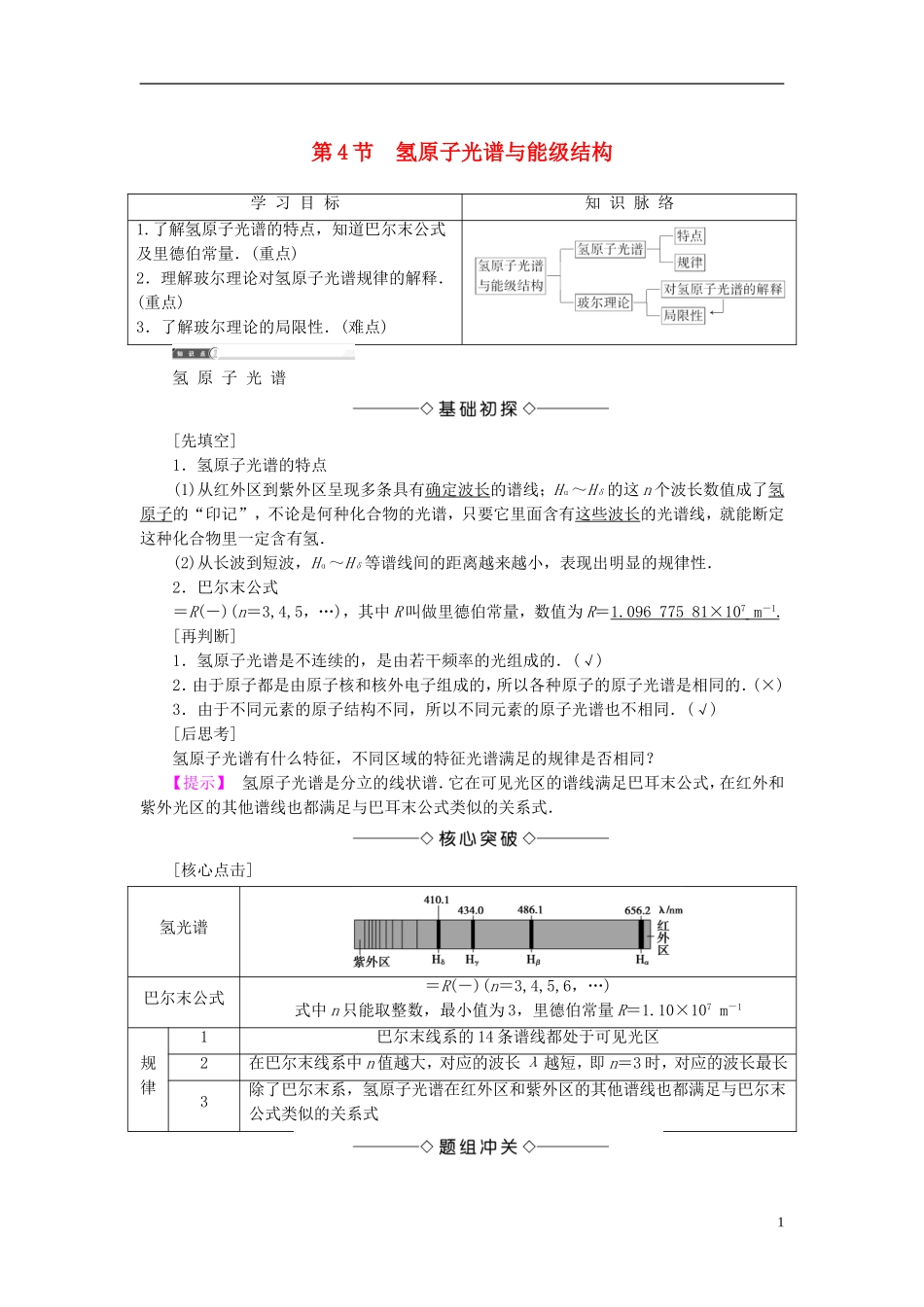 高中物理 第2章 原子结构 第4节 氢原子光谱与能级结构教师用书 鲁科版选修3-5-鲁科版高二选修3-5物理学案_第1页