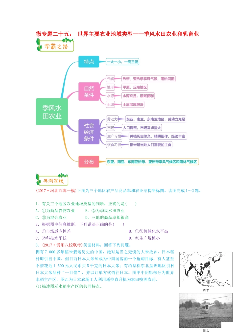 高考地理第一轮复习 专题7 微专题二十五 世界主要农业地域类型——季风水田农业和乳畜业思维导图学案-人教版高三全册地理学案_第1页