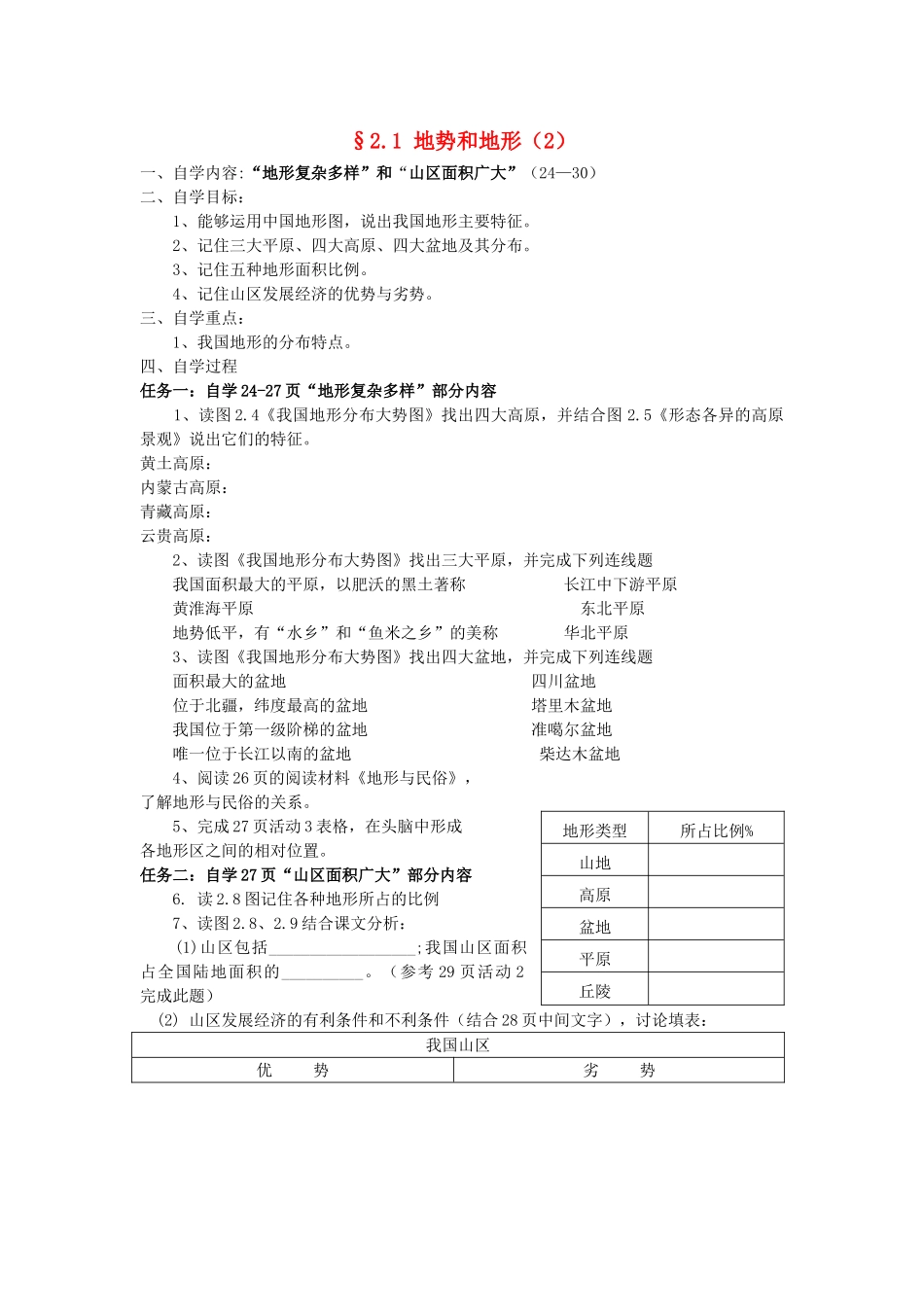 八年级地理上册 2.1《地势和地形》自主导学案（2）（无答案）人教新课标版_第1页