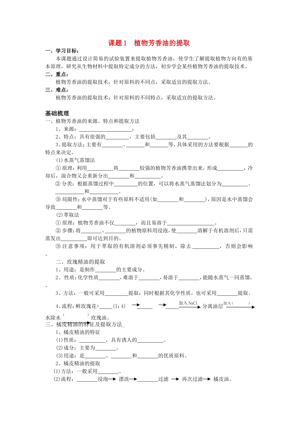 高中生物：6.1《植物芳香油的提取》学案（1）（新人教版选修1）_第1页