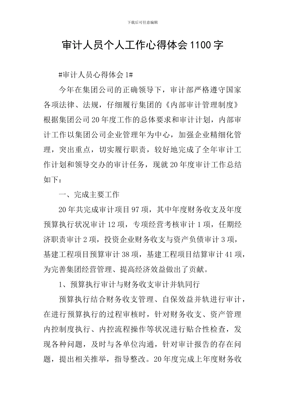 审计人员个人工作心得体会1100字_第1页