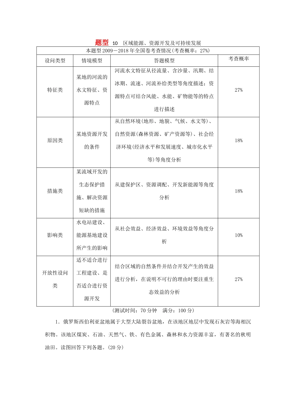 高考地理二轮复习 题型10 区域能源、资源开发及可持续发展学案-人教版高三全册地理学案_第1页