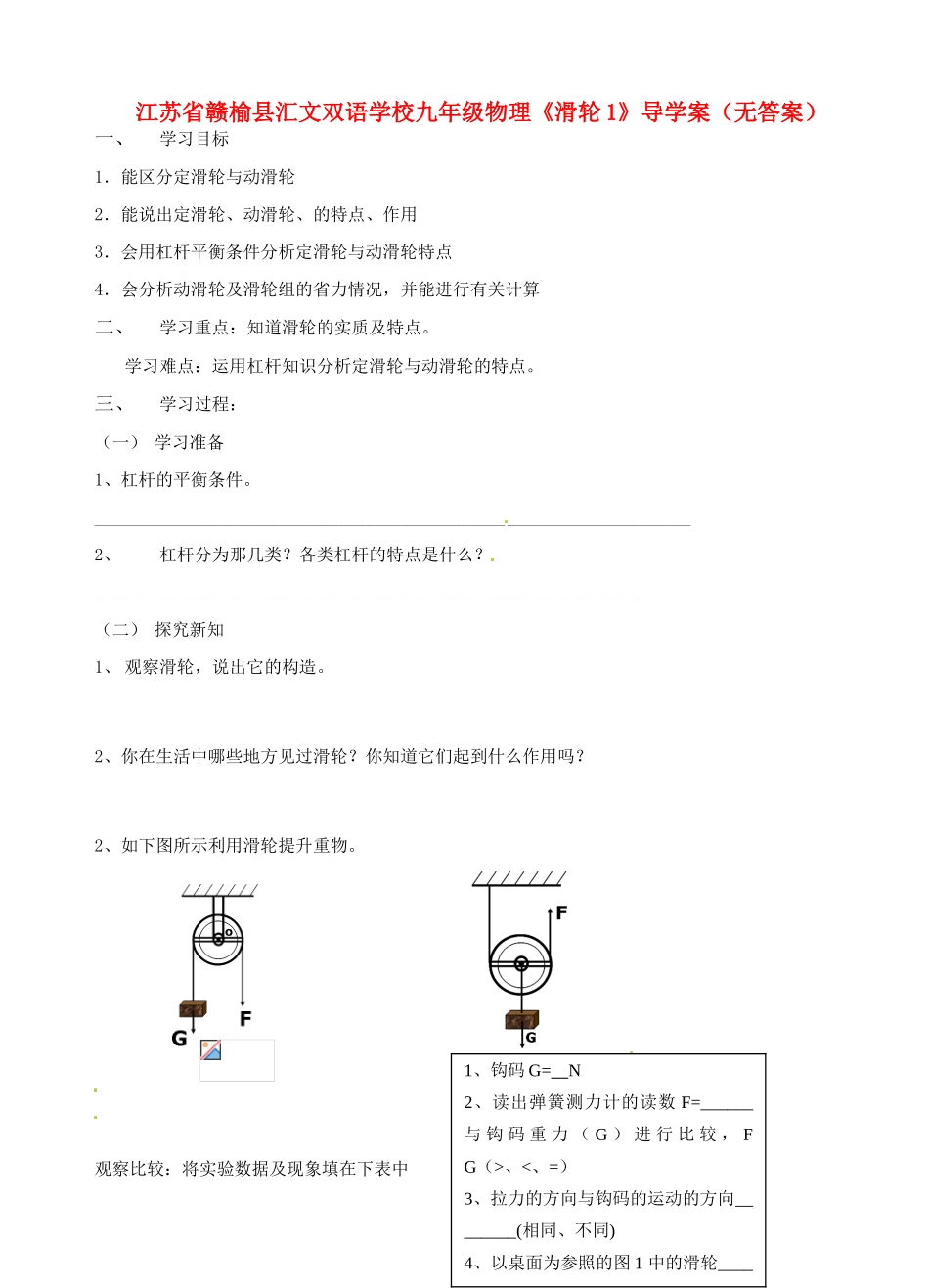 江苏省赣榆县汇文双语学校九年级物理《滑轮1》导学案（无答案）_第1页