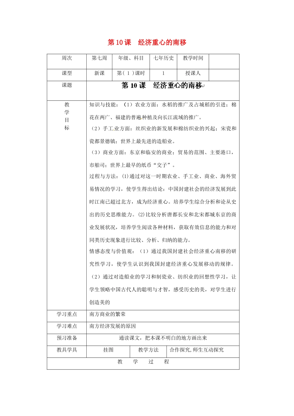 辽宁省辽阳市第九中学七年级历史下册 第10课 经济重心的南移导学案（无答案） 新人教版_第1页