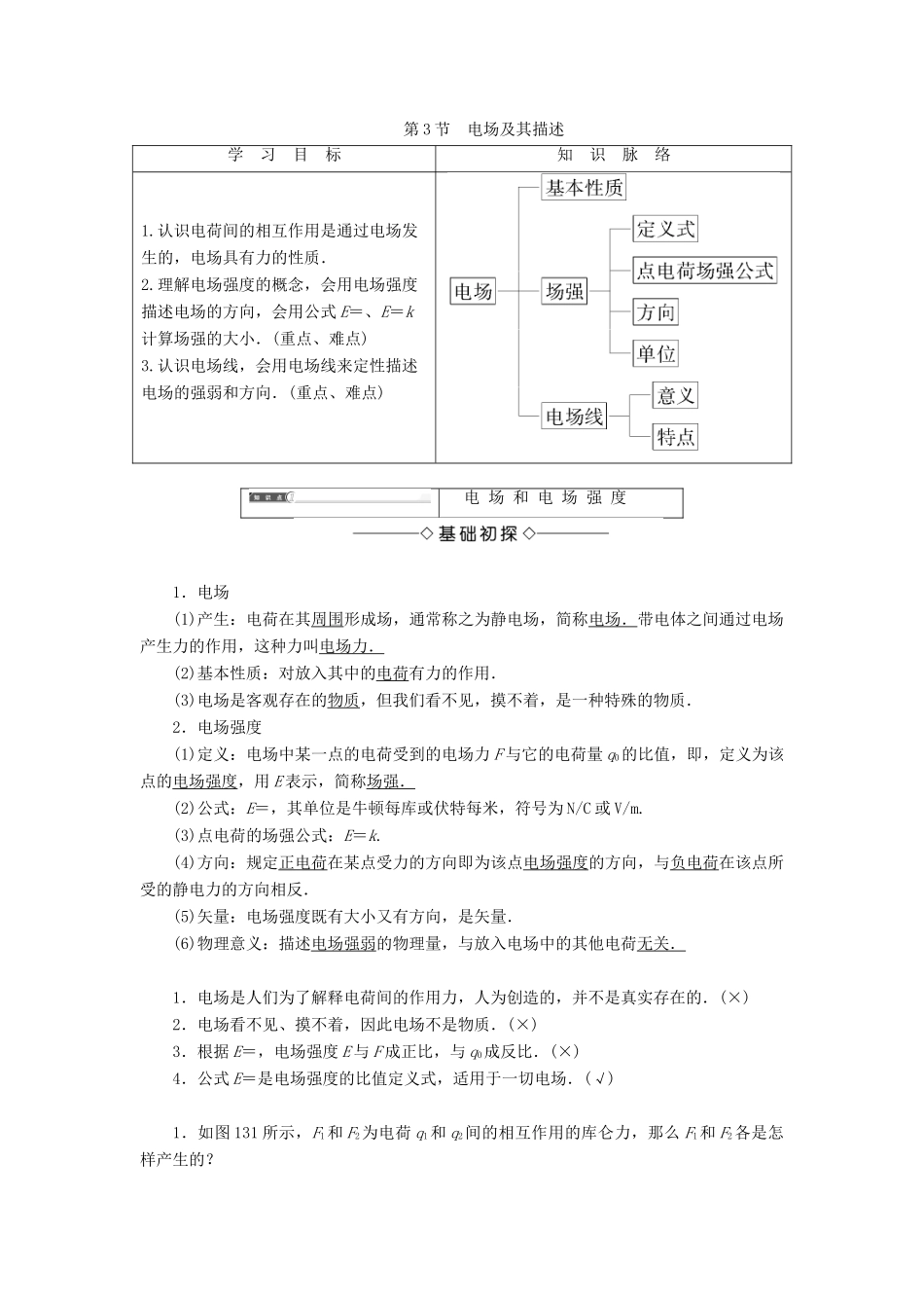 高中物理 第1章 静电与静电场 第3节 电场及其描述学案 鲁科版选修1-1-鲁科版高二选修1-1物理学案_第1页