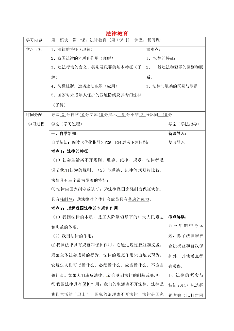 陕西省山阳县九年级中考政治 法律教育专题复习 法律教育（第1课时）学案-人教版初中九年级全册政治学案_第1页