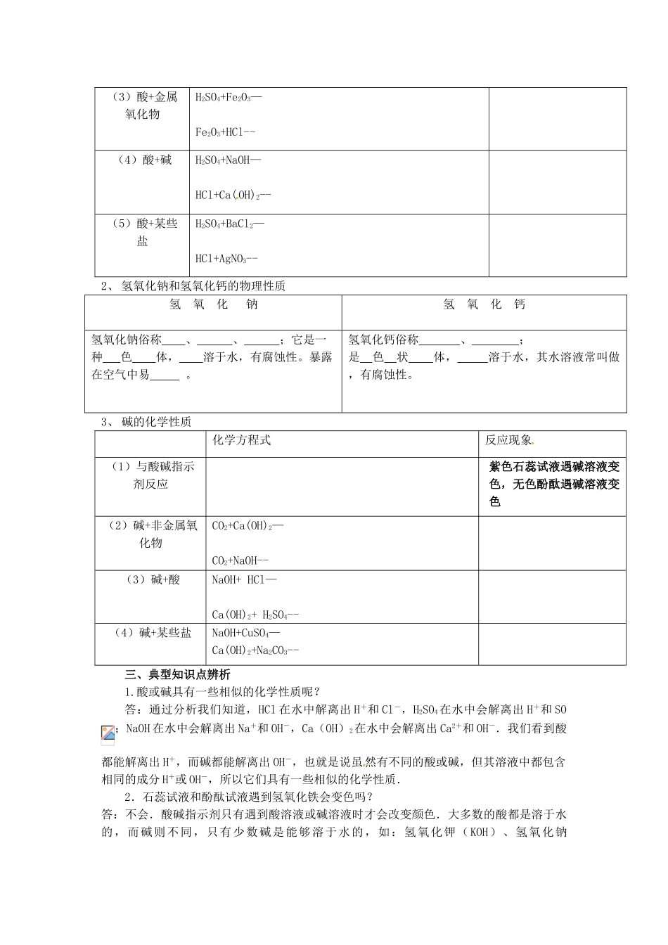 九年级化学 第五单元《常见的酸和碱》学案（无答案） 鲁教版_第2页