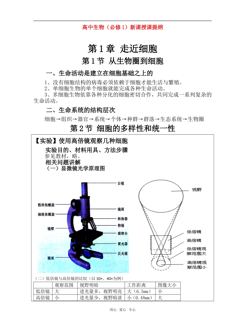 高中生物 授课提纲（教案、学案） 新人教版必修1_第1页