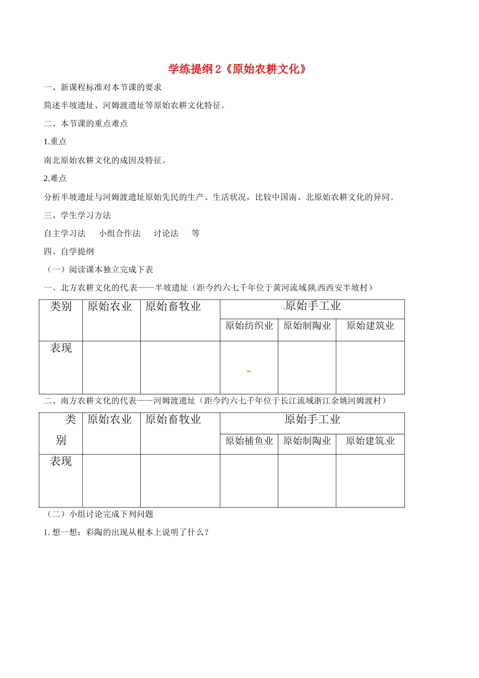 七年级历史上册 1.2《原始农耕文化》学案 华东师大版_第1页