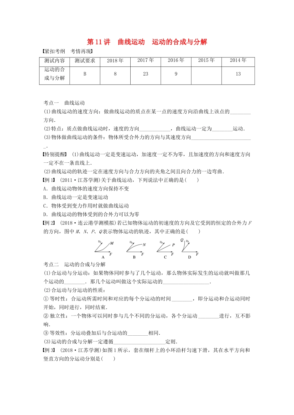 高中物理学业水平测试复习 第五章 曲线运动 第11讲 曲线运动 运动的合成与分解学案 必修2-人教版高二必修2物理学案_第1页