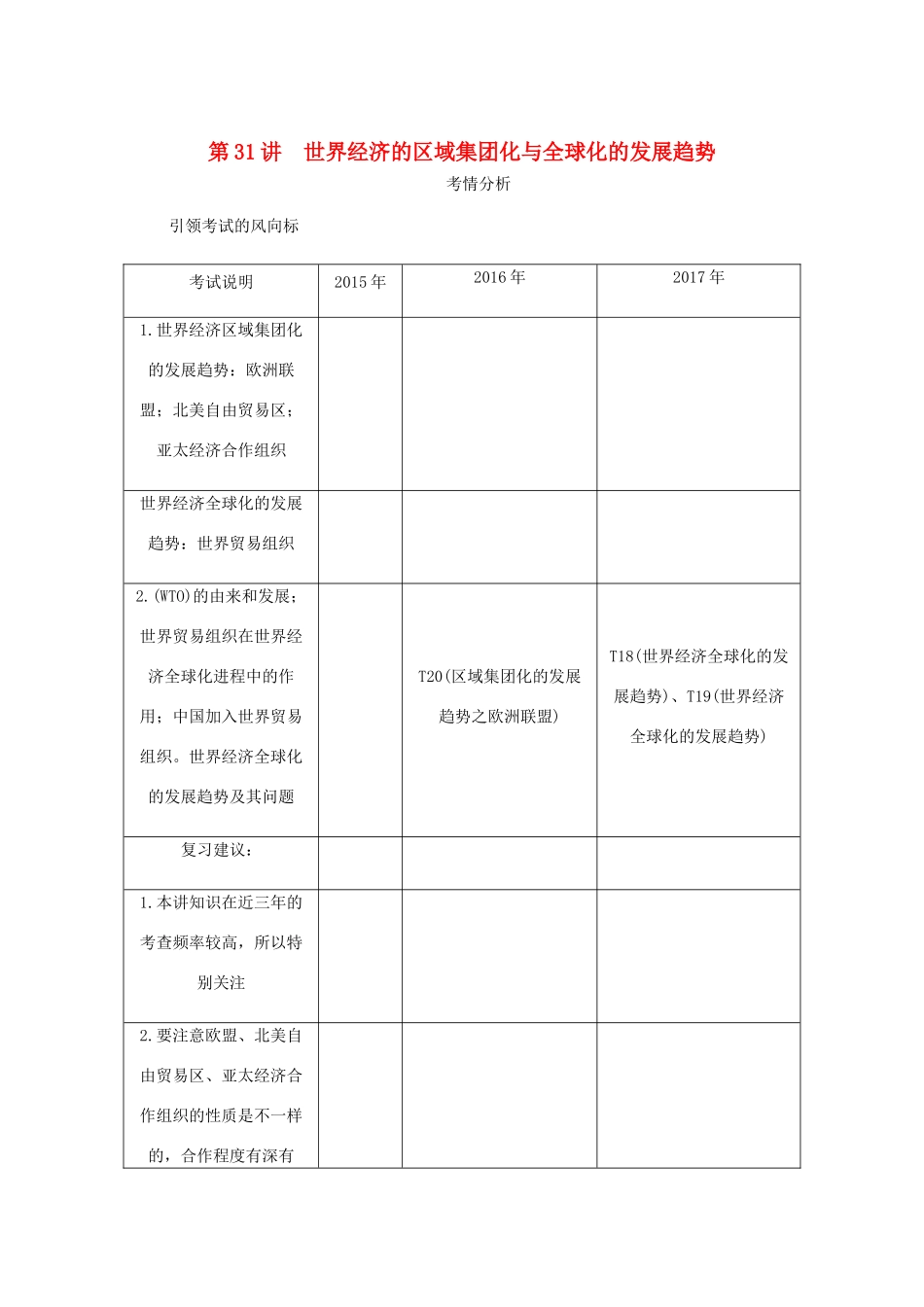 （江苏专版）高考历史总复习 第十五单元 世界经济的全球化趋势 第31讲 世界经济的区域集团化与全球化的发展趋势学案-人教版高三全册历史学案_第1页