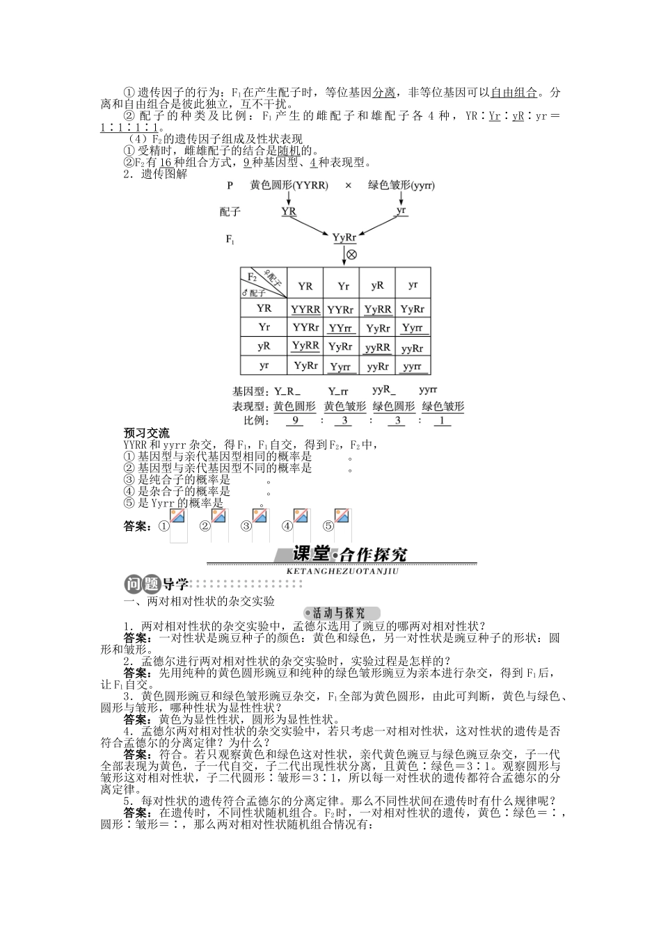 高中生物 第一章 第二节 自由组合定律 第一课时学案 浙科版必修2-浙科版高中必修2生物学案_第2页