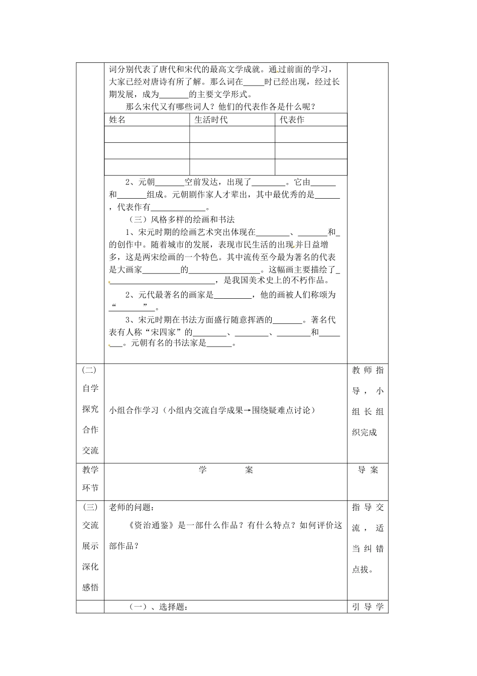 辽宁省辽阳市第九中学七年级历史下册 第14课 灿烂的宋元文化（二）导学案（无答案） 新人教版_第2页