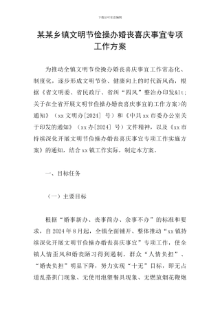 某某乡镇文明节俭操办婚丧喜庆事宜专项工作方案