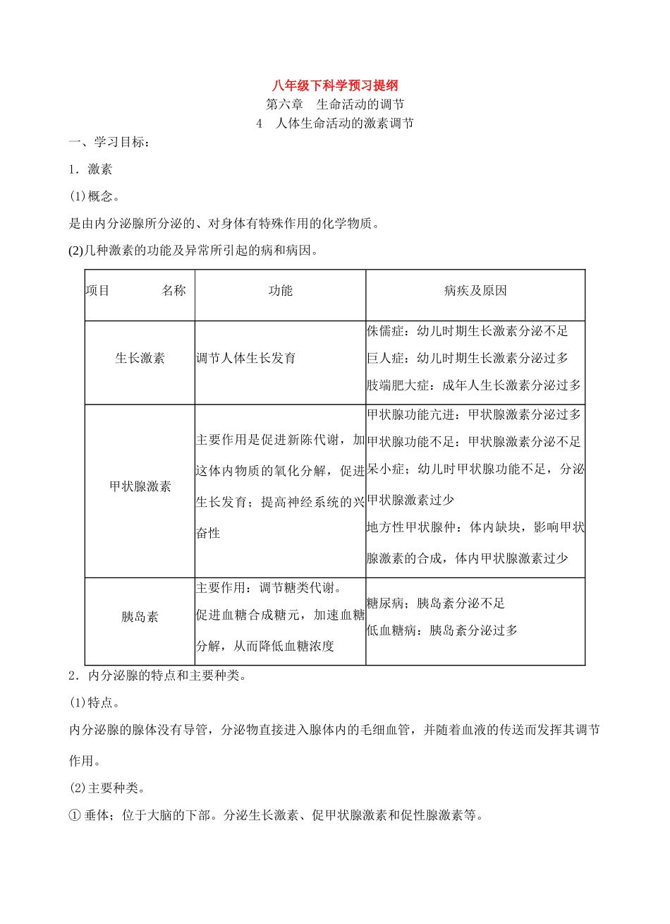 八年级科学下：6.4 人体生命活动的激素调节（无答案）学案华东师大版_第1页