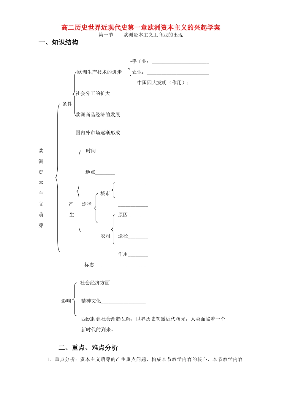 高二历史世界近现代史第一章欧洲资本主义的兴起学案_第1页