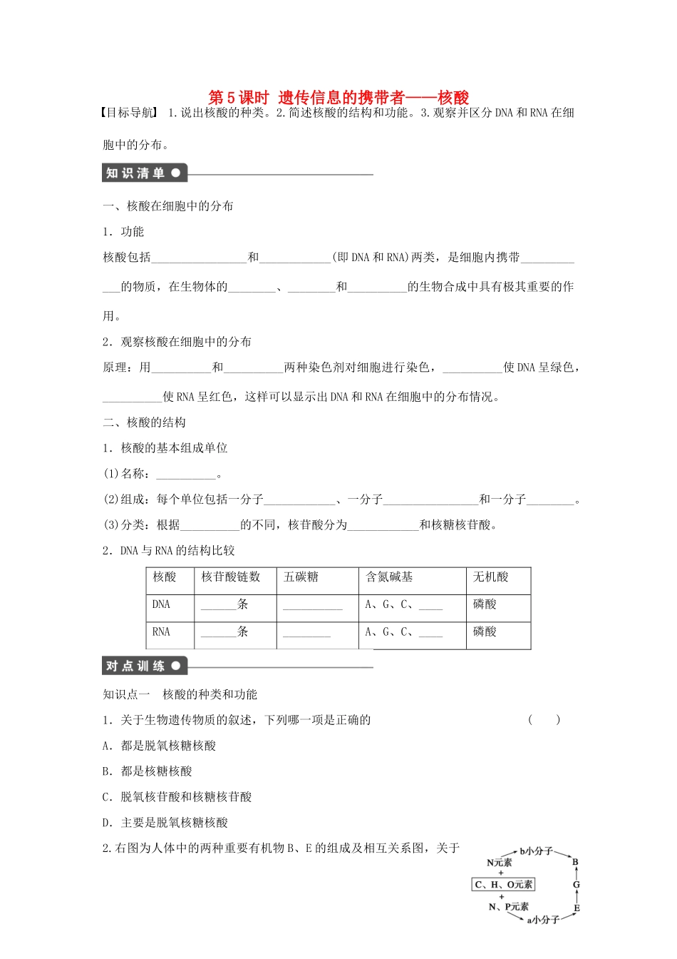 高中生物 第二章 组成细胞的分子 第5课时 遗传信息的携带者 核酸课时作业 新人教版必修1-新人教版高一必修1生物学案_第1页