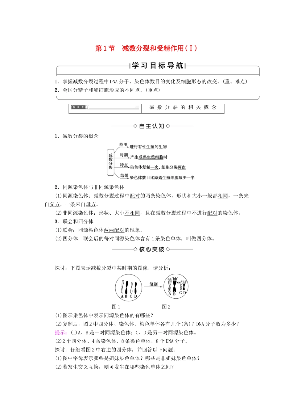 高中生物 第二章 基因和染色体的关系 第1节 减数分裂和受精作用（Ⅰ）学案 新人教版必修2-新人教版高一必修2生物学案_第1页