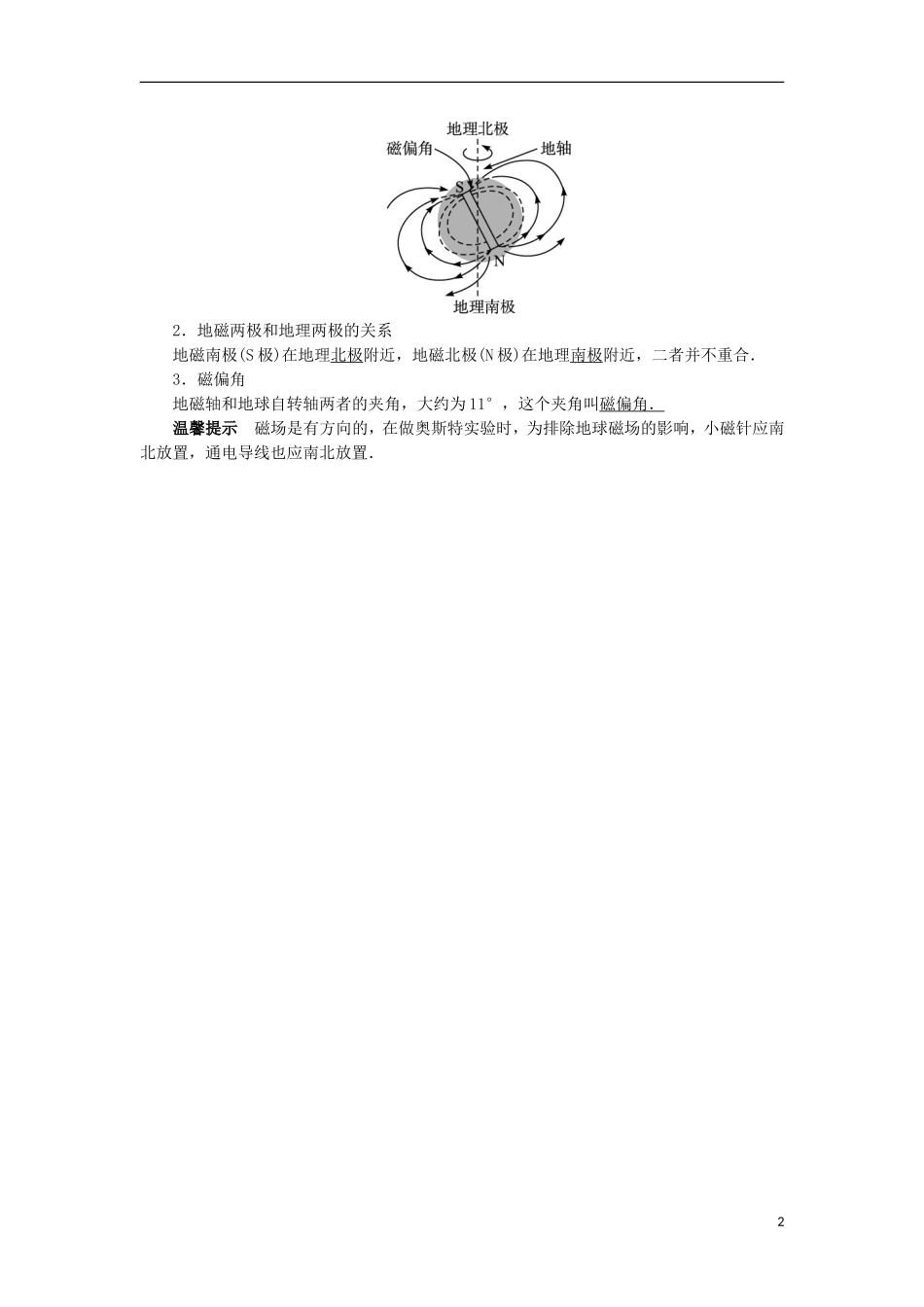 高中物理 第三章 磁场 第一节 磁现象和磁场预习导航学案 新人教版选修3-1-新人教版高二选修3-1物理学案_第2页