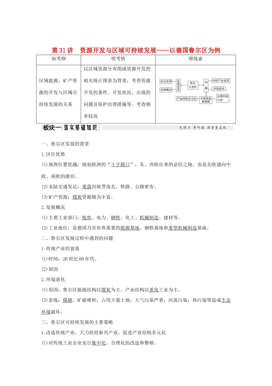 高考地理大一轮复习 第十二单元区域资源、环境与可持续发展 第31讲 资源开发与区域可持续发展——以德国鲁尔区为例学案 鲁教版-鲁教版高三全册地理学案_第1页