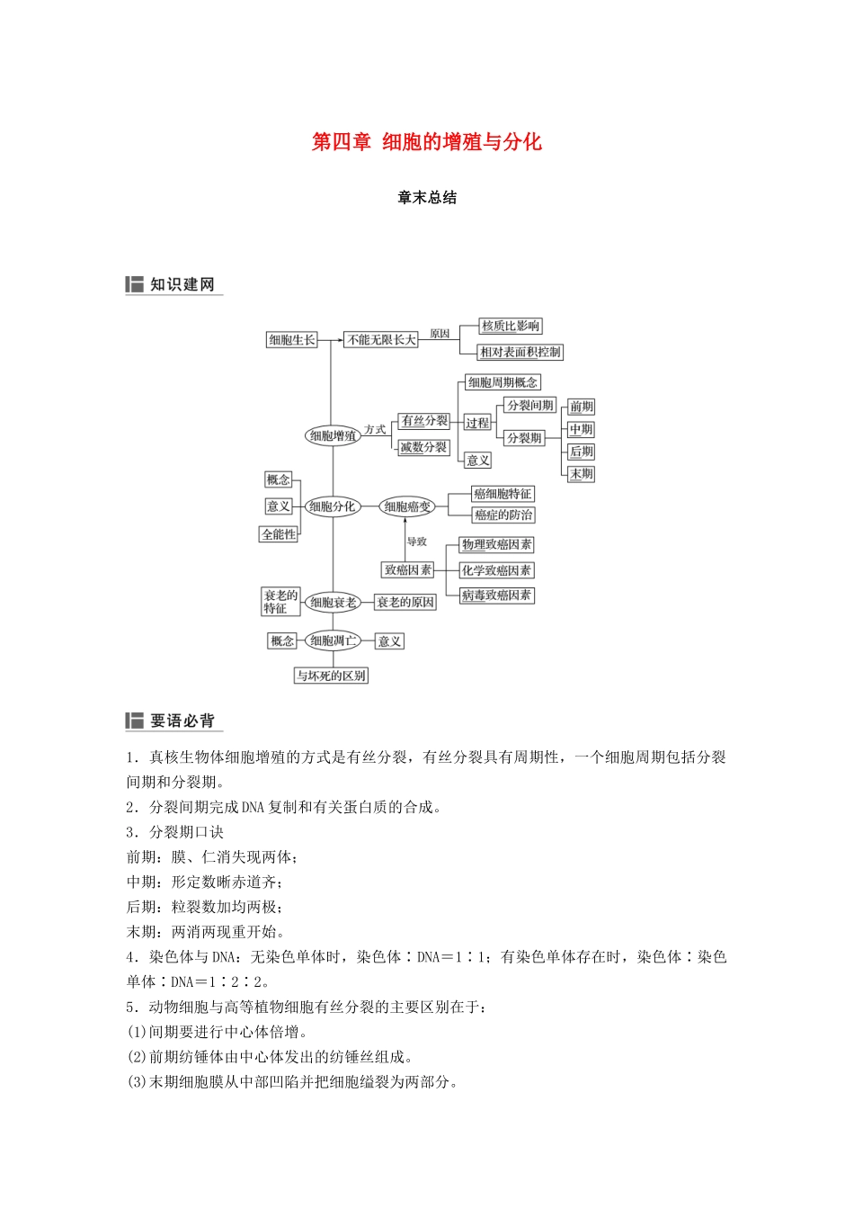 高中生物 第四章 细胞的增殖与分化章末总结学案 浙科版必修1-浙科版高一必修1生物学案_第1页