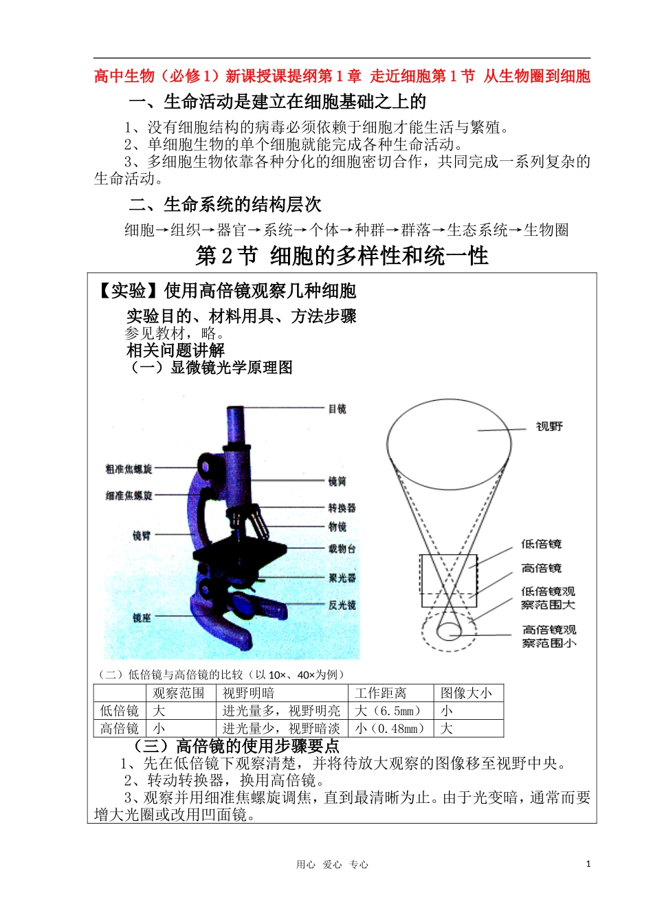 高中生物 授课提纲兼教学案 新人教版必修1_第1页