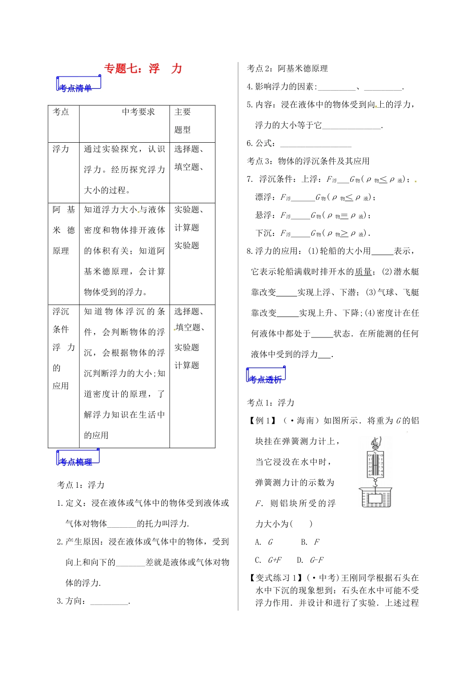 山东省郯城县中考物理 专题七 浮力复习学案-人教版初中九年级全册物理学案_第1页