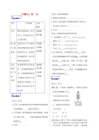 山东省郯城县中考物理 专题七 浮力复习学案-人教版初中九年级全册物理学案