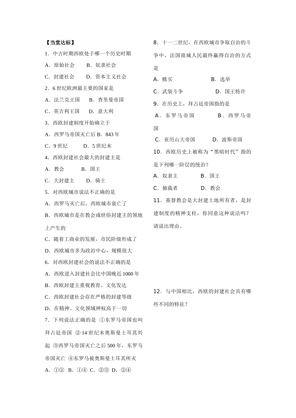 山东省费城二中九年级历史上册  第5课  中古欧洲社会学案（无答案） 人教新课标版_第3页