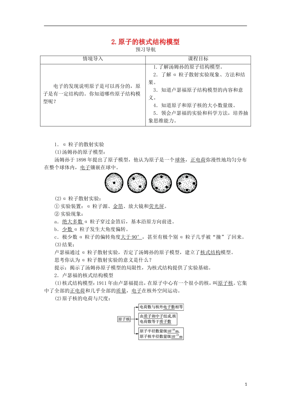高中物理 第十八章 原子结构 第二节 原子的核式结构模型预习导航学案 新人教版选修3-5-新人教版高二选修3-5物理学案_第1页