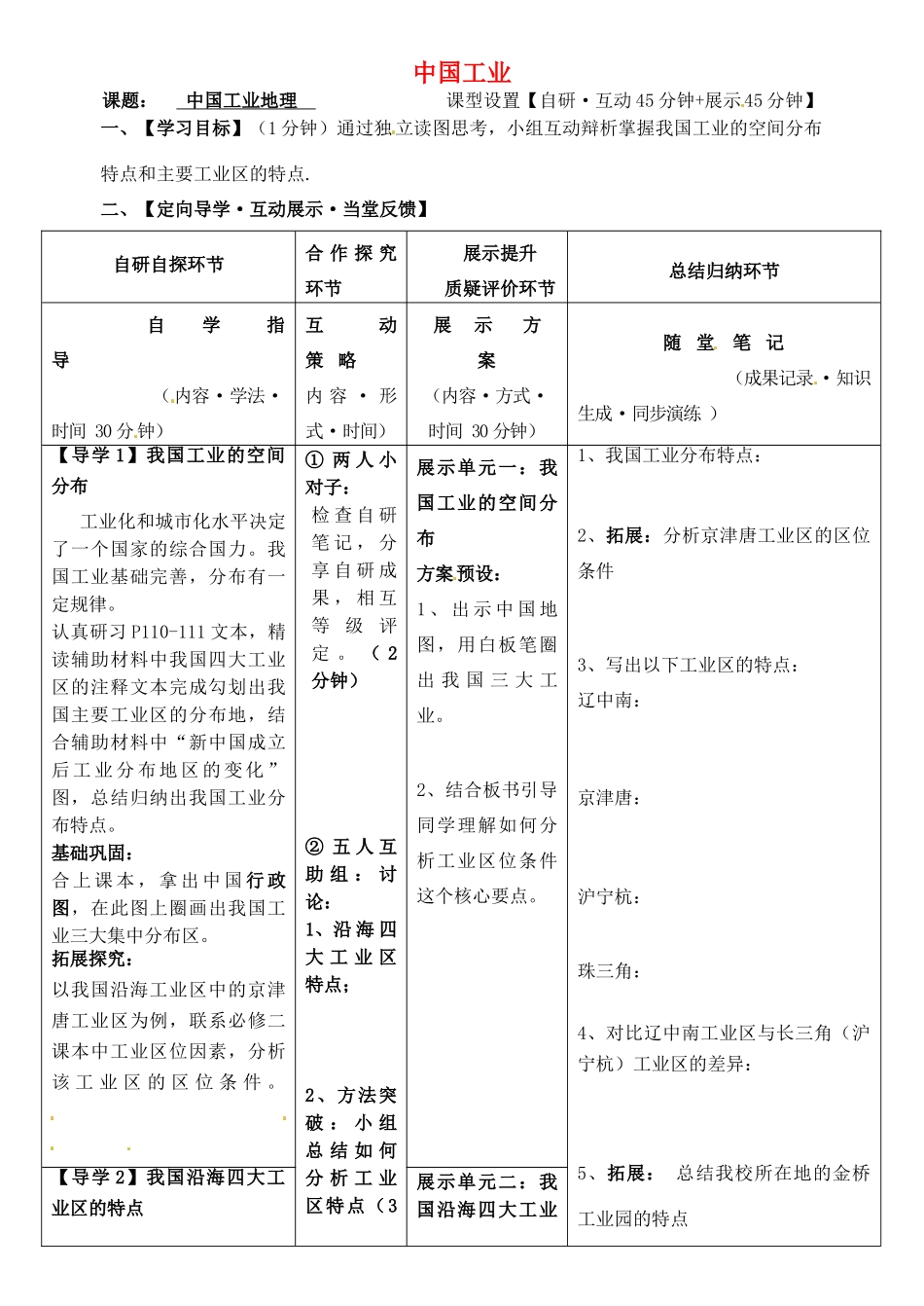 安徽省铜陵市铜都双语学校高三地理 中国工业地理复习学案_第1页