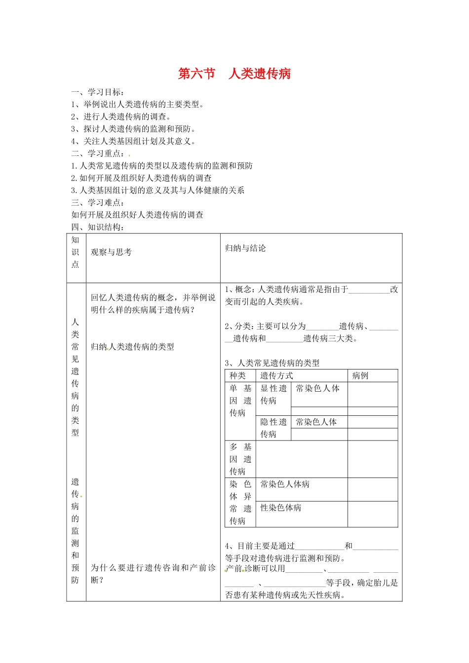 高中生物学案：人类遗传病中图版必修2_第1页