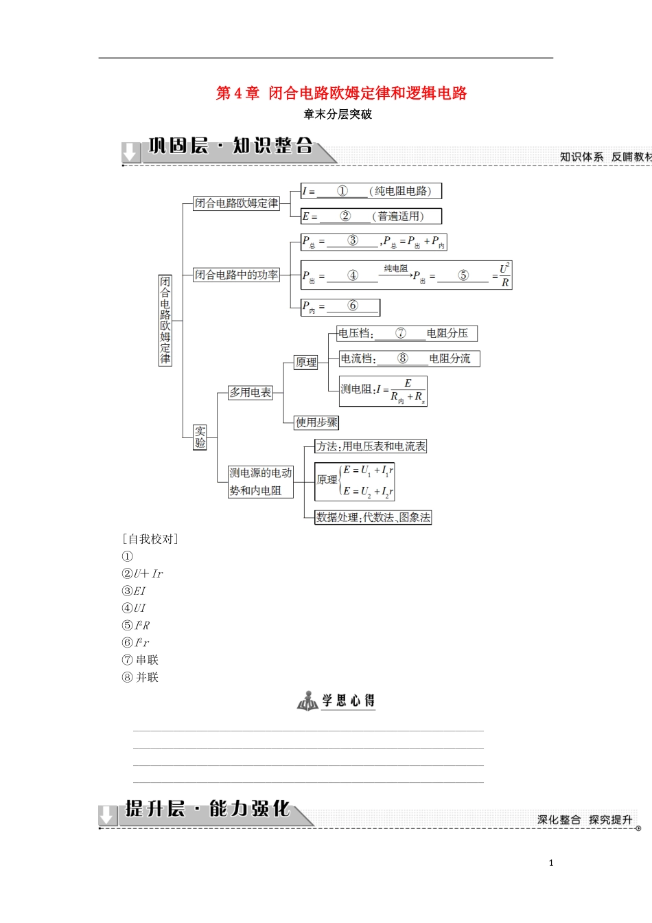 高中物理 第4章 闭合电路欧姆定律和逻辑电路章末分层突破学案 鲁科版选修3-1-鲁科版高二选修3-1物理学案_第1页