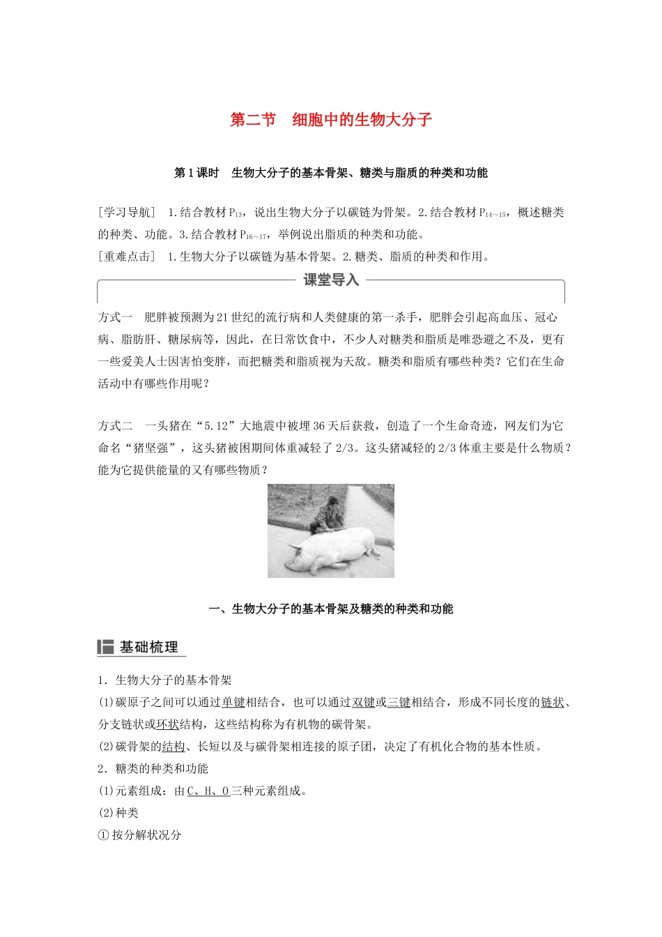 高中生物 第二章 细胞的化学组成 第二节 细胞中的生物大分子（第1课时）学案 苏教版必修1-苏教版高二必修1生物学案_第1页