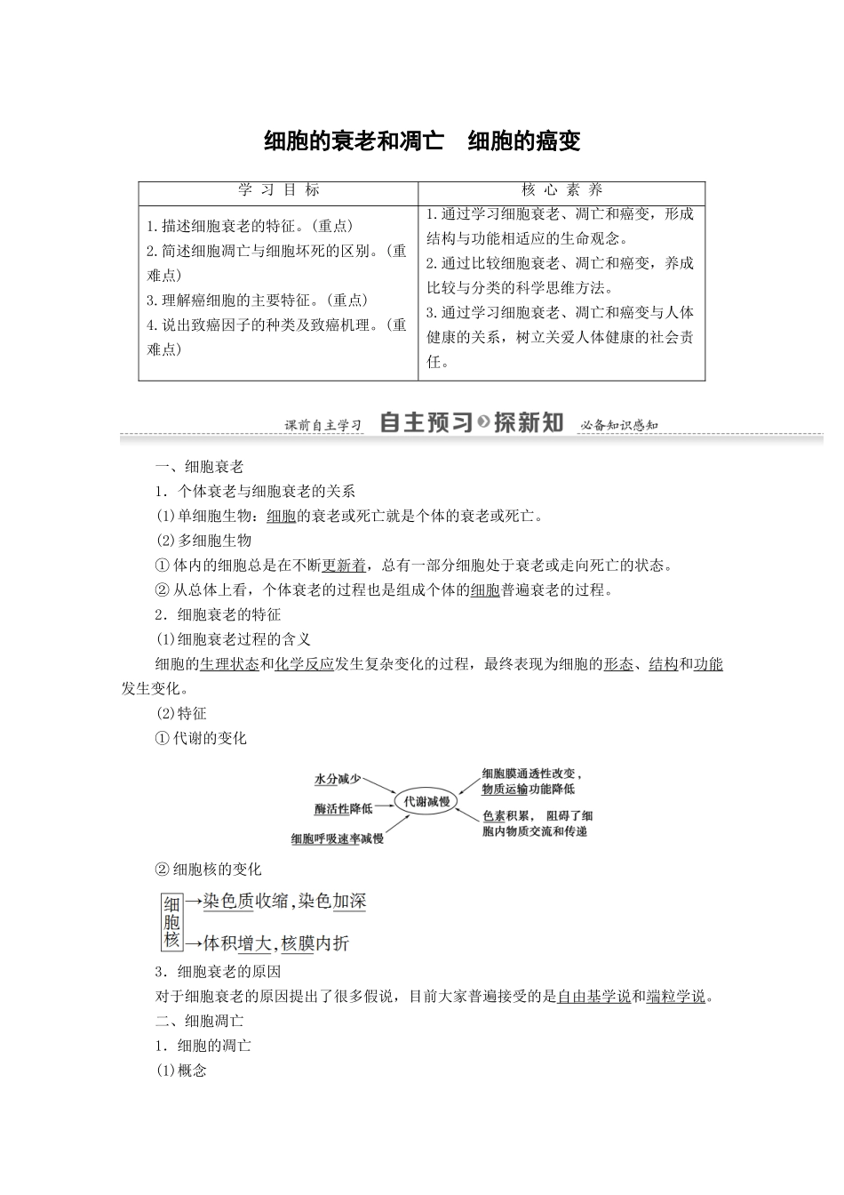 高中生物 第6章 细胞的生命历程 第3、4节 细胞的衰老和凋亡 细胞的癌变学案 新人教版必修1-新人教版高一必修1生物学案_第1页