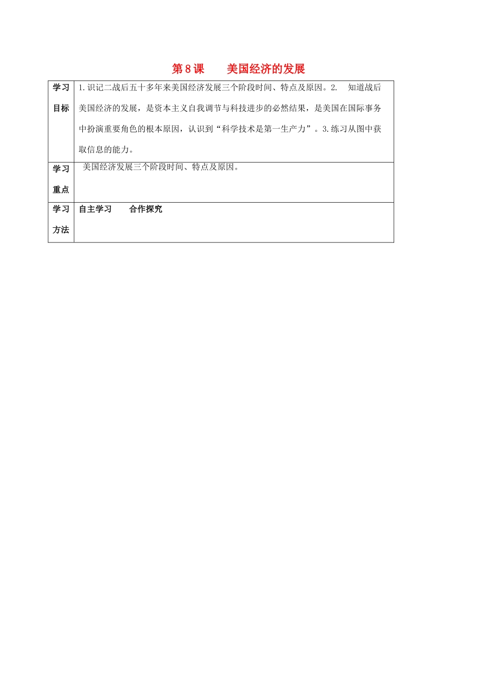 四川省宜宾县九年级历史下册 第三单元 第8课 美国经济的发展学案 新人教版-新人教版初中九年级下册历史学案_第1页