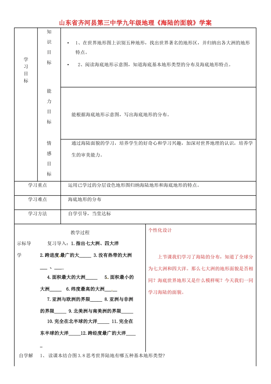 山东省齐河县第三中学九年级地理《海陆的面貌》学案_第1页