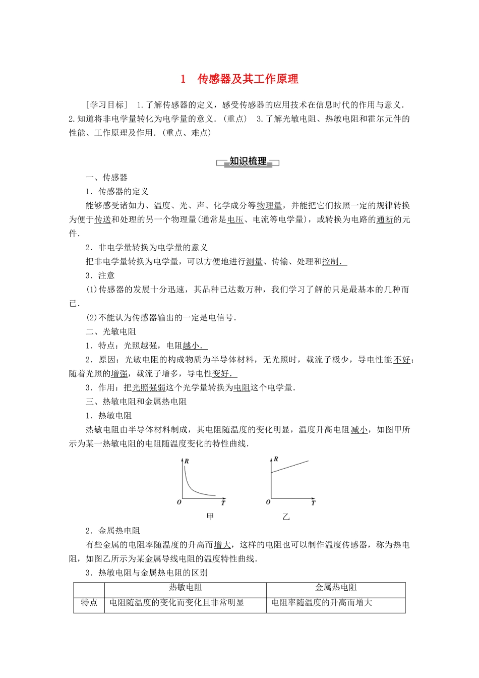 高中物理 第6章 1 传感器及其工作原理学案 新人教版选修3-2-新人教版高二选修3-2物理学案_第1页