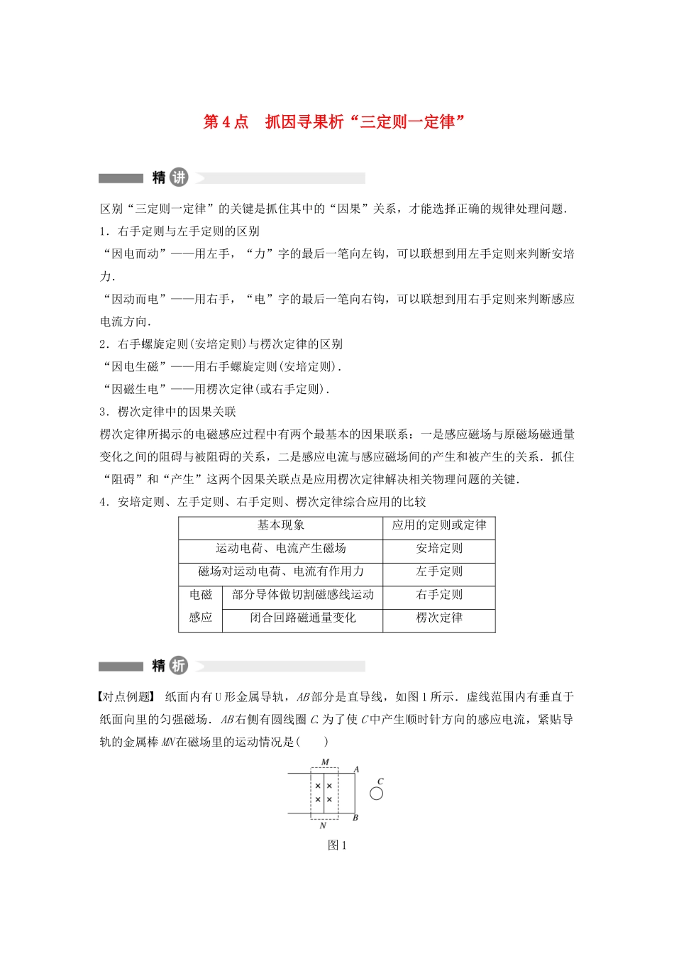 高中物理 全册模块要点回眸 第4点 抓因寻果析“三定则一定律”学案 粤教版选修3-2-粤教版高中选修3-2物理学案_第1页