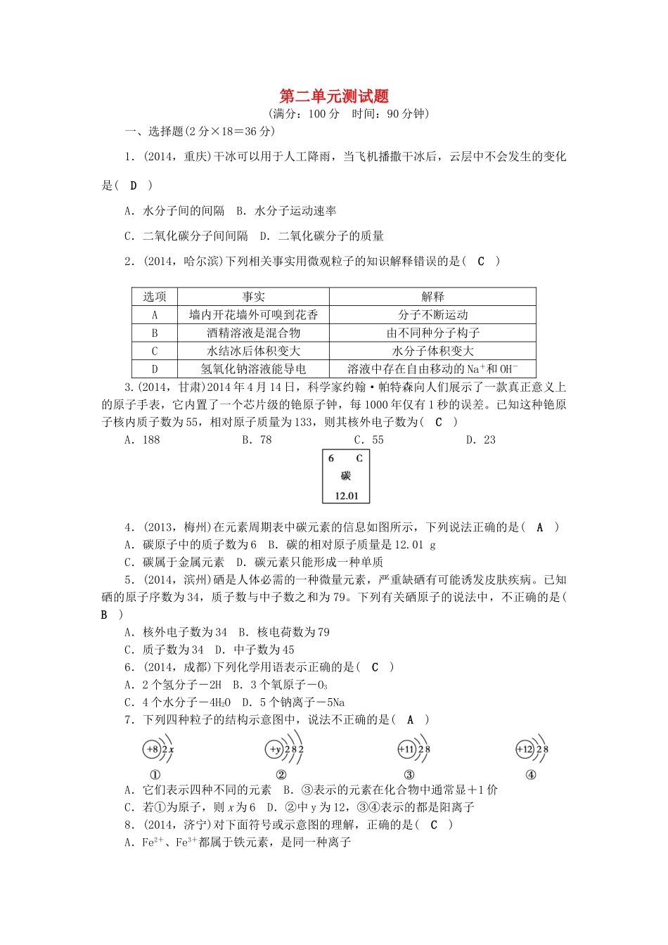 【聚焦中考】陕西省2015中考化学总复习 第二单元检测题考点跟踪突破_第1页
