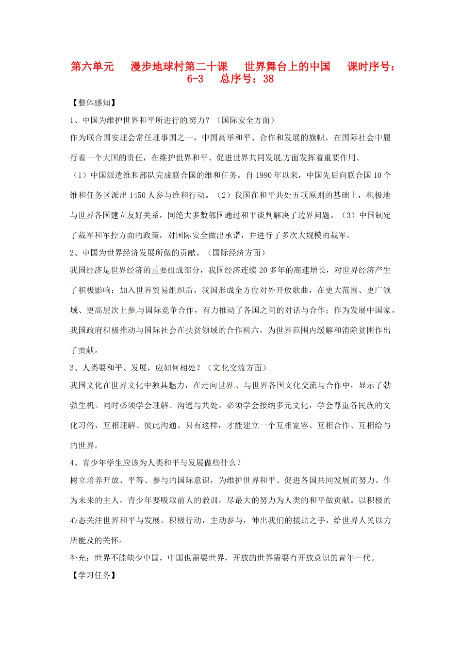 山东省济南市二十七中九年级政治《6.20世界舞台上的中国》学案_第1页