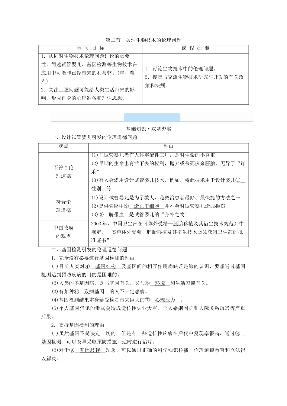 高中生物 专题四 生物技术的安全性和伦理问题 第二节 关注生物技术的伦理问题学案 新人教版选修3-新人教版高中选修3生物学案_第1页