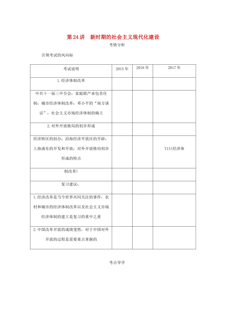 （江苏专版）高考历史总复习 第十一单元 中国特色社会主义建设的道路 第24讲 新时期的社会主义现代化建设学案-人教版高三全册历史学案_第1页